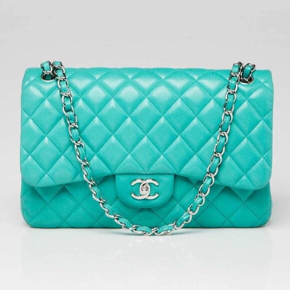 Chanel Green Quilted Lambskin Leather Classic Jumbo Double Flap Bag - Picture 1 of 12